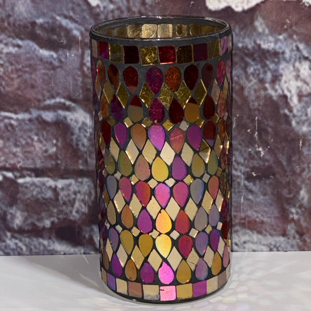 Mosaic Glass Tile Cylinder Candle Votive Holder Vase Red Multicolor